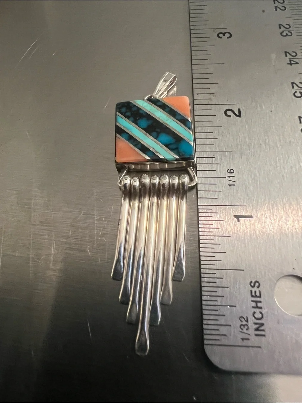 Sterling Silver Turquoise and Coral Inlaid Pendant with Sterling Fringes